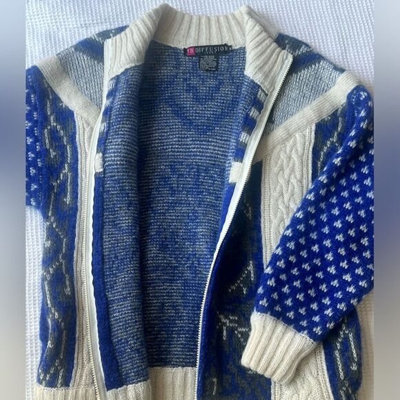 I.B. Diffusion Vintage Unique Wool Mohair Blend Blue Cream Cardigan Sweater SZ M - Picture 6 of 14